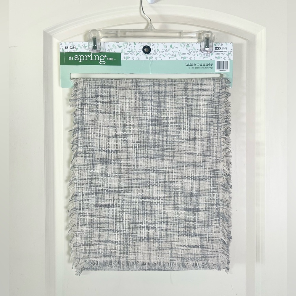 NWT Hobby Lobby Gray & Cream Tweed Table Runner with Fringe - 14" x 72"